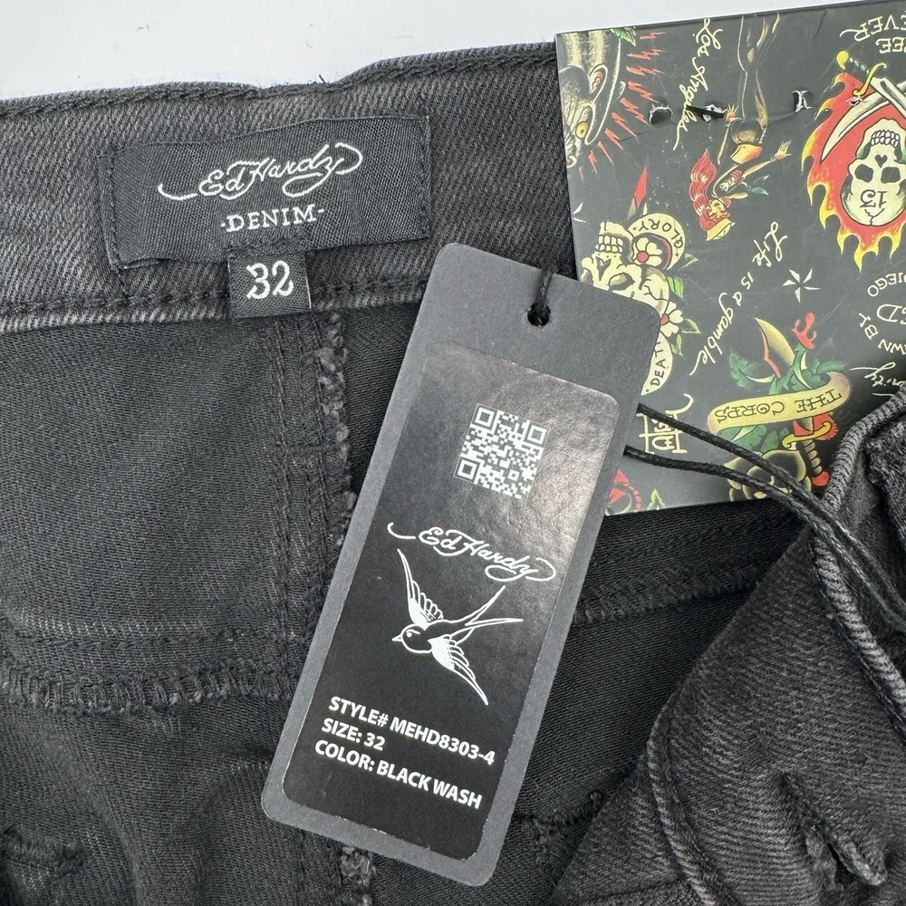 Ed Hardy Men's Bootcut Black Denim Jeans Embroidered Dragon Logo 5-Pocket sz 32